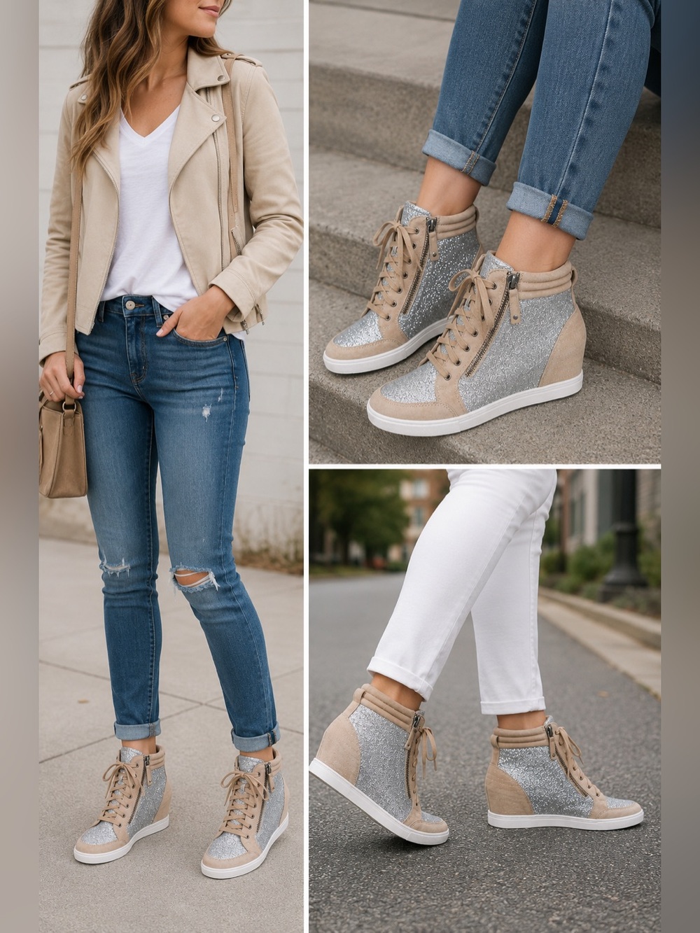 Linea Paolo Niya Silver Glitter Cement Suede Wedge High Top Sneakers - Picture 3 of 11